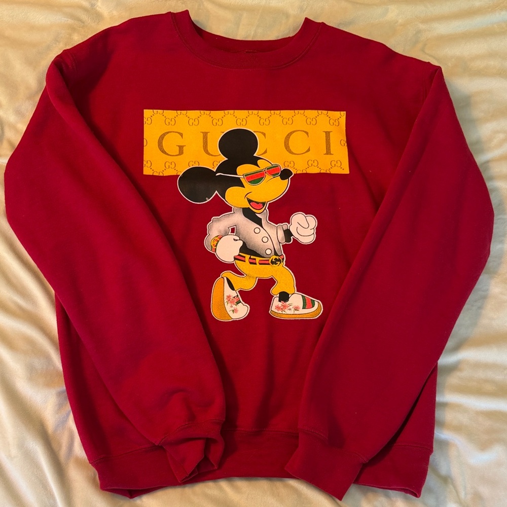 Gucci Design Red Crewneck Sweatshirt with Yellow Logo and Mickey Graphic